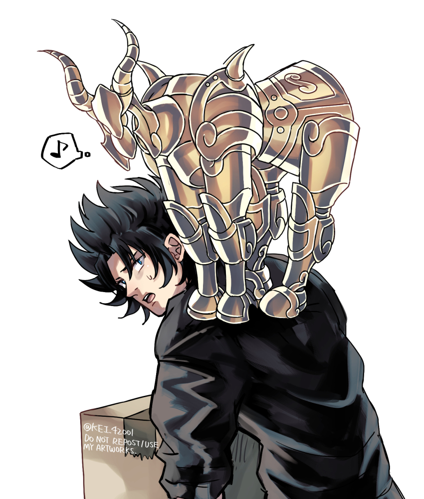 animal, animal_on_back, animate_object, armor, black_hair, black_sweater, blue_eyes, box
