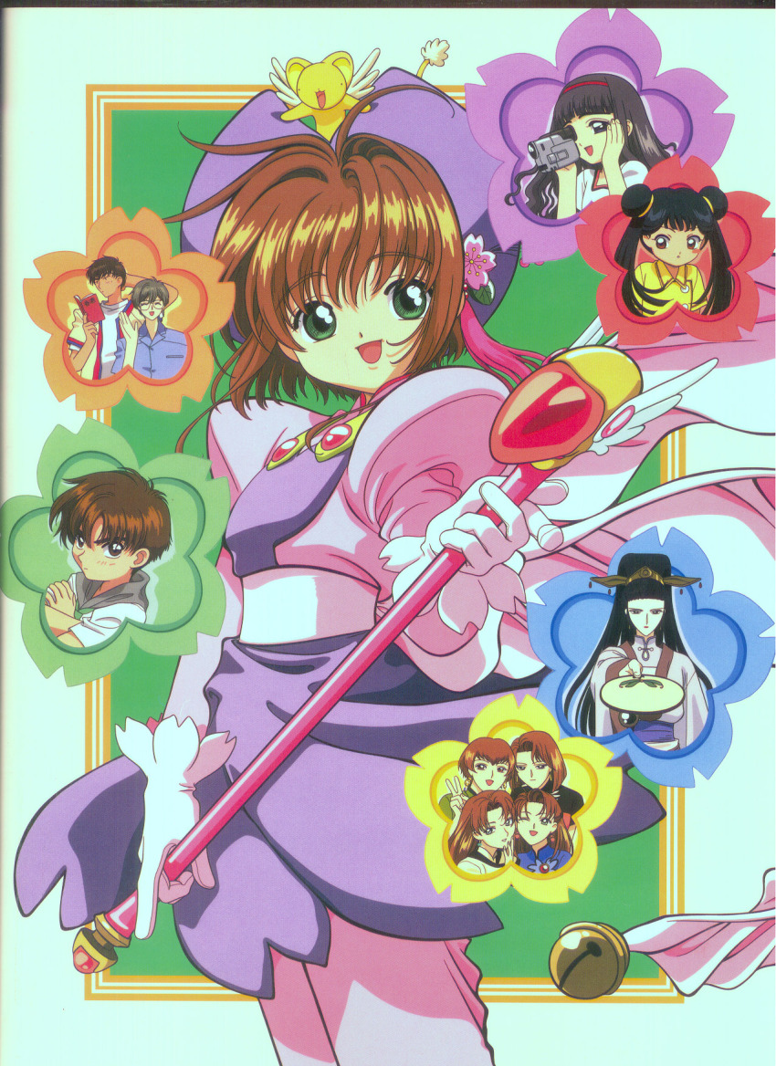 1990s_(style), 3boys, 6+girls, bell, black_hair, brown_eyes, brown_hair, camcorder