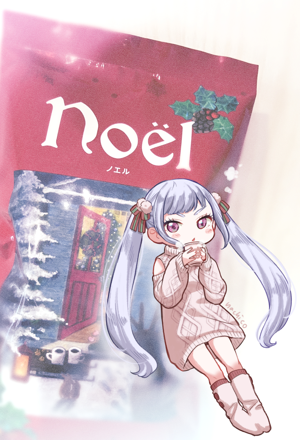 1girl, alternate_costume, bare_shoulders, black_clover, blush, cable_knit, chibi, chibi_only, christmas, clothing_cutout, cup, dress, drink, full_body, grey_hair, highres, holding, holding_cup, holding_drink, hot_chocolate, kneehighs, light_blush, long_hair, looking_at_viewer, mug, nac_tw, noelle_silva, parted_lips, print_mug, purple_eyes, short_dress, shoulder_cutout, socks, solo, steam, sweater, sweater_dress, twintails