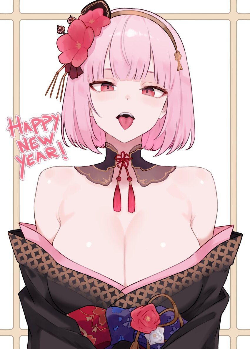 1girl, absurdres, armpit_crease, bare_shoulders, black_kimono, bluefield, blush, bob_cut