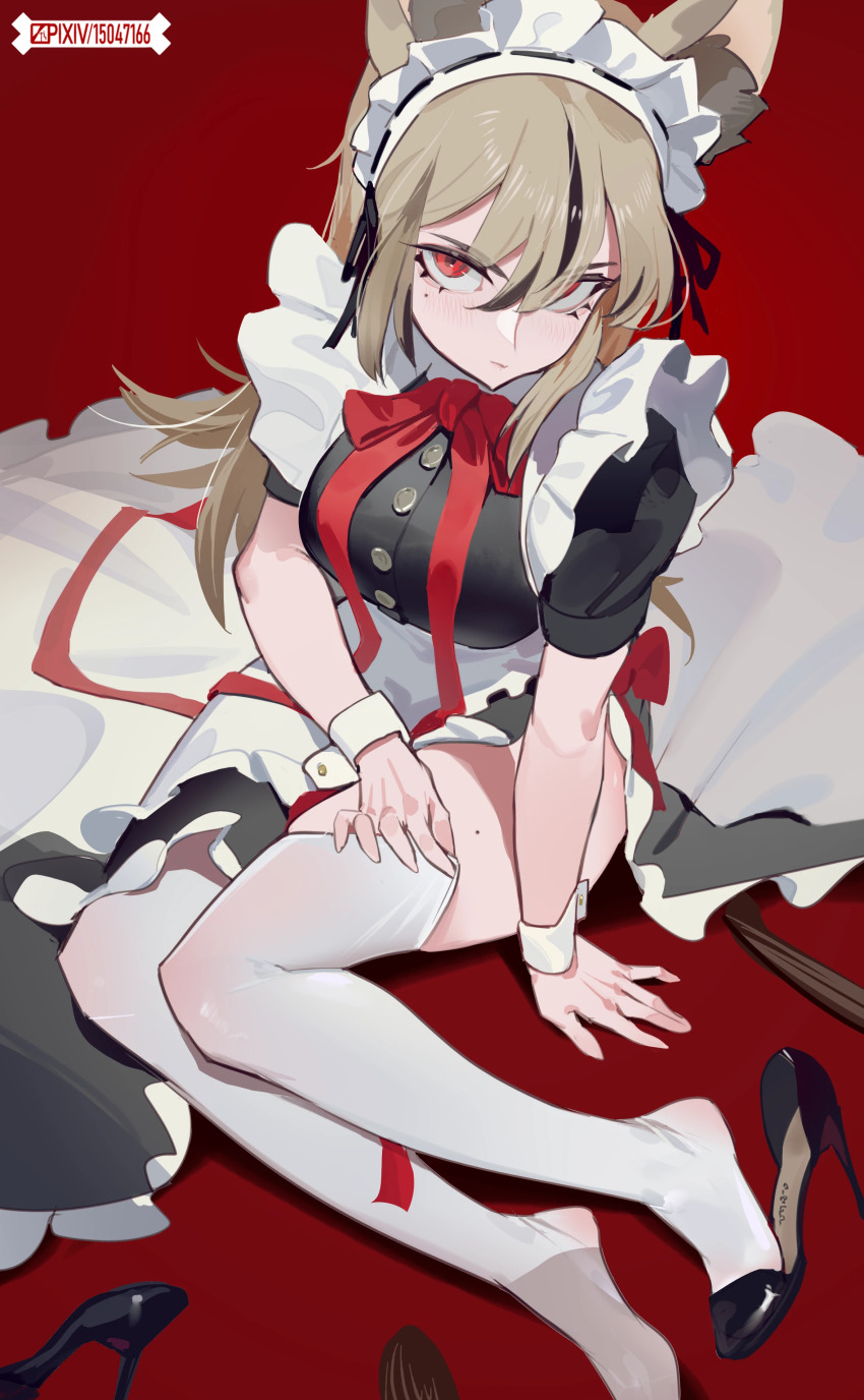 1girl, absurdres, adjusting_clothes, adjusting_legwear, aegyo_sal, animal_ear_fluff, animal_ears, apron, arm_support, black_dress, black_footwear, black_streaks, blush, breasts, brown_hair, closed_mouth, dress, frilled_hairband, frills, hair_between_eyes, hairband, high_heels, highres, looking_at_viewer, maid_apron, maid_headdress, mole, mole_on_thigh, neck_injury, neck_ribbon, original, pixiv_id, prisoners_book_(artist), red_ribbon, ribbon, see-through_clothes, see-through_thighhighs, short-sleeved_sweater, short_sleeves, side_slit, sidelocks, sitting, solo, sweater, thighhighs, thighs, waist_apron, white_thighhighs, wrist_cuffs