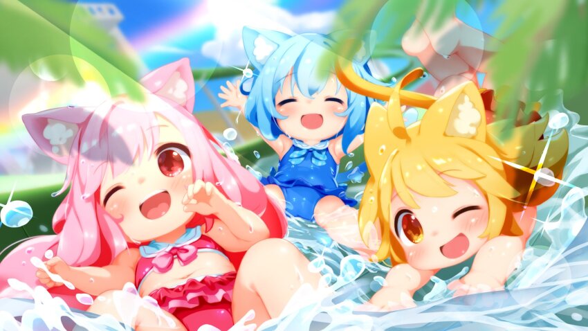 3girls, ahoge, animal_ear_fluff, animal_ears, ao_(sound_voltex), armpits, arms_up, barefoot, bemani, bikini, blonde_hair, blue_bow, blue_bowtie, blue_hair, blue_one-piece_swimsuit, blush, bow, bowtie, casual_one-piece_swimsuit, cat_ears, cat_girl, cat_tail, collared_bikini, collared_one-piece_swimsuit, commentary_request, feet, flat_chest, frilled_one-piece_swimsuit, frills, hand_up, highres, hina_(sound_voltex), kani_jiru, legs_up, loli, long_hair, lying, medium_hair, momo_(sound_voltex), multiple_girls, navel, on_stomach, one-piece_swimsuit, one_eye_closed, open_mouth, orange_eyes, pink_bikini, pink_bow, pink_bowtie, pink_hair, red_eyes, red_one-piece_swimsuit, sailor_collar, sidelocks, smile, soles, sound_voltex, spread_legs, stomach, swept_bangs, swimsuit, tail, tareme, wet, wet_hair, white_sailor_collar