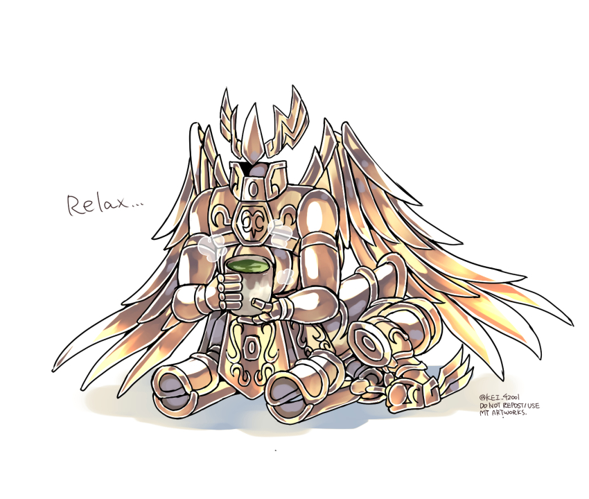 animate_object, armor, centaur, cup, drink, english_text, feathered_wings, gold_armor