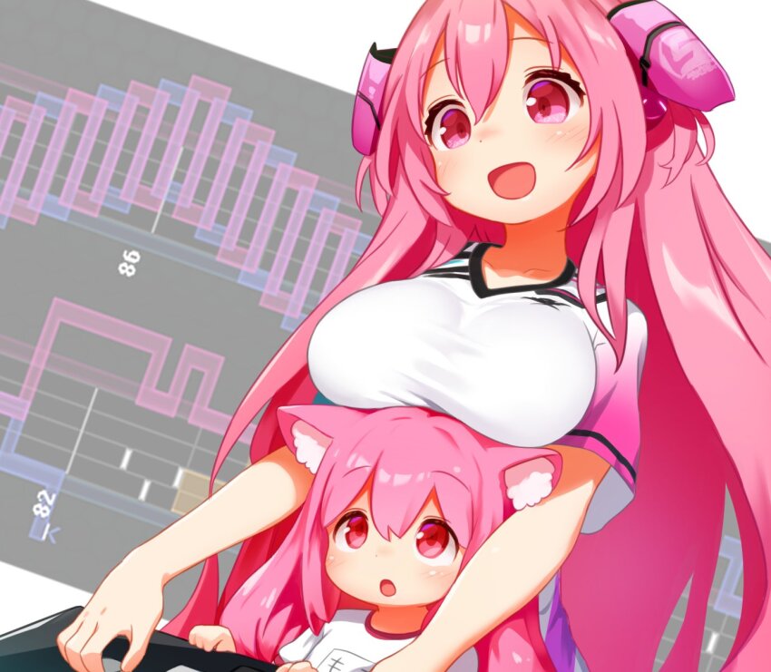 2girls, :o, age_difference, animal_ear_fluff, animal_ears, bemani, blush, breast_rest, breasts, breasts_on_head, cat_ears, collarbone, commentary_request, dot_nose, hair_between_eyes, headgear, highres, kani_jiru, large_breasts, long_hair, momo_(sound_voltex), multiple_girls, open_mouth, pink_eyes, pink_hair, rasis, rasis_(nemsys_arena_world_hexathlon), shirt, short_sleeves, sidelocks, smile, sound_voltex, t-shirt, very_long_hair, white_shirt