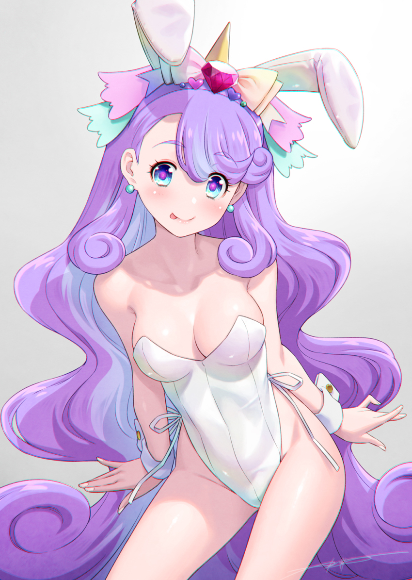 1girl, :p, animal_ears, bare_shoulders, blue_eyes, blue_hair, blush, bow, breasts, cleavage, closed_mouth, collarbone, contrapposto, cowboy_shot, earrings, fake_animal_ears, gem, gradient_bow, gradient_hair, hair_bow, hair_ornament, heart, heart_hair_ornament, highres, jewelry, kazuma_muramasa, leotard, looking_at_viewer, medium_breasts, multicolored_hair, nico_(wonderful_precure!), playboy_bunny, precure, purple_hair, rabbit_ears, ribbon, side-tie_leotard, smile, solo, strapless, strapless_leotard, swept_bangs, tongue, tongue_out, white_leotard, white_ribbon, wonderful_precure!, wrist_cuffs
