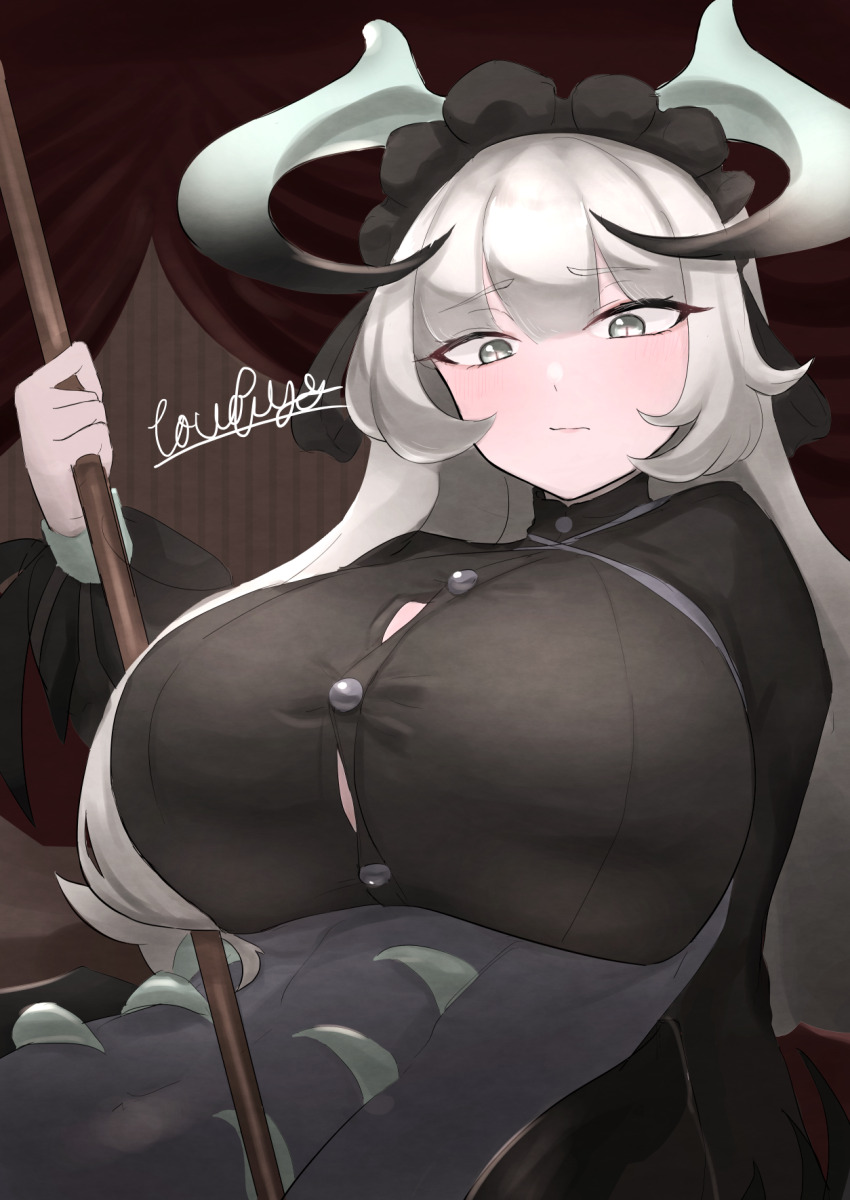 1girl, black_dress, black_hair, breasts, bursting_breasts, button_gap, chamber_dragonmaid, dragon_girl, dragon_horns, dragon_wings, dress, duel_monster, grey_hair, highres, horns, huge_breasts, long_hair, maid, maid_headdress, signature, solo, towofuya, wings, yu-gi-oh!