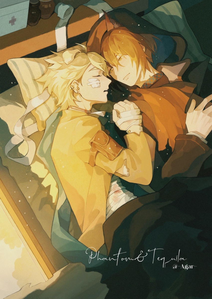 2boys, ahoge, ambience_synesthesia, animal_ears, arknights, arm_strap, bandage_on_cheek, bandage_on_face