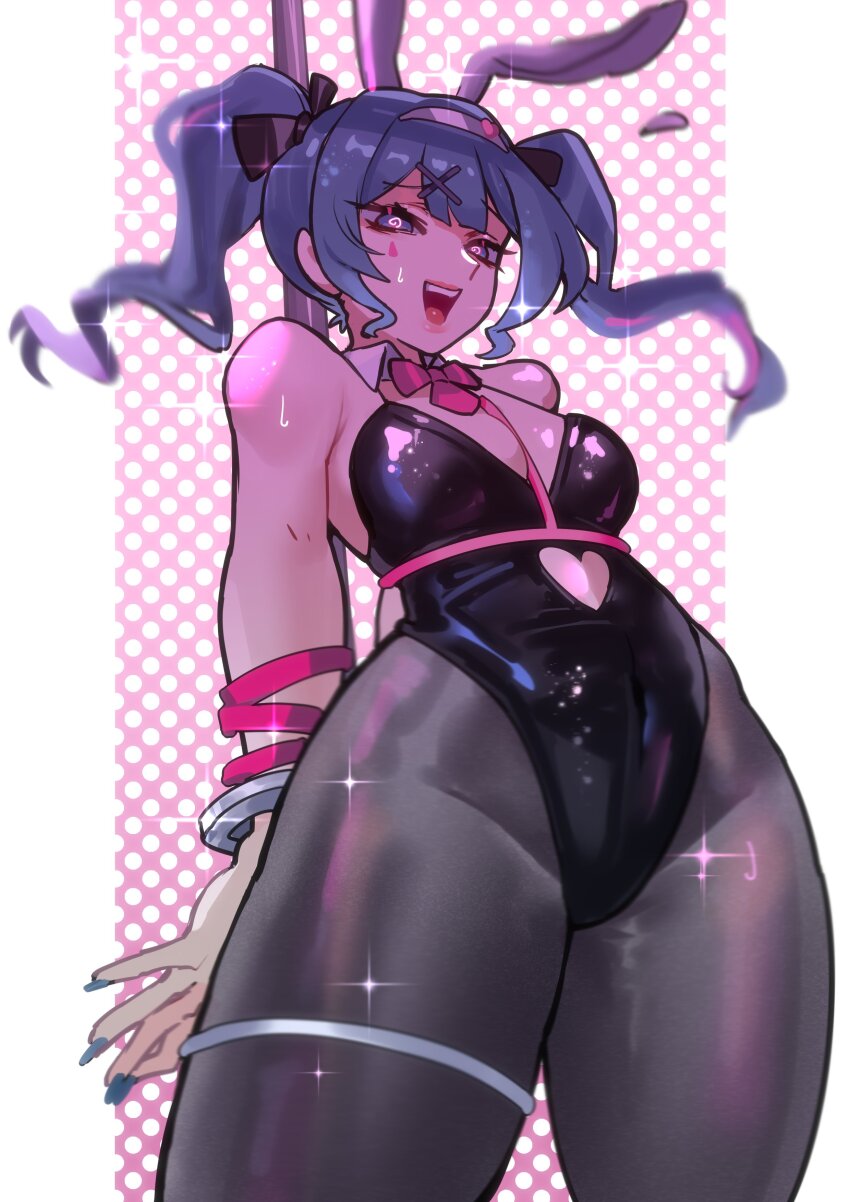 1girl, absurdres, animal_ears, arms_behind_back, bare_shoulders, black_leotard, blue_eyes, blue_hair, breasts, clothing_cutout, collar, commentary, cuffs, cutout_above_navel, detached_collar, facial_mark, fake_animal_ears, from_below, hair_ornament, handcuffs, hatsune_miku, heart_cutout, highres, leotard, long_hair, looking_at_viewer, open_mouth, pantyhose, playboy_bunny, rabbit_ears, rabbit_hole_(vocaloid), solo, strapless, strapless_leotard, sweat, untranslatable_commentary, teardrop_facial_mark, twintails, vocaloid, white_collar, wuuulim, x_hair_ornament