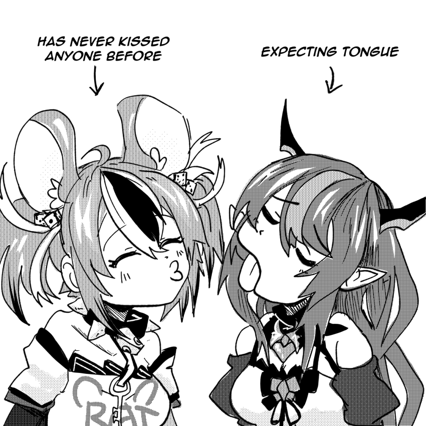 2girls, animal_ears, hair_ornament, hakos_baelz, hakos_baelz_(1st_costume), hasn't_kissed_anyone_ever_vs_expecting_a_kiss_with_tongue_(meme), highres, hololive