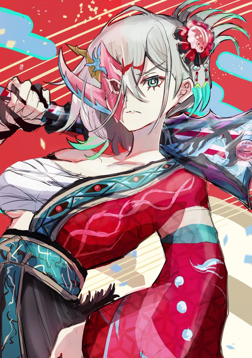 1girl, breasts, budget_sarashi, diabellstar_the_black_witch, duel_monster, dutch_angle, green_eyes, grey_hair, half_mask, highres, holding, holding_paddle, japanese_clothes, kimono, large_breasts, looking_at_viewer, mask, new_year, noppe, paddle, red_kimono, sarashi, snake-eyes_flamberge_dragon, solo, swept_bangs, underboob, yu-gi-oh!