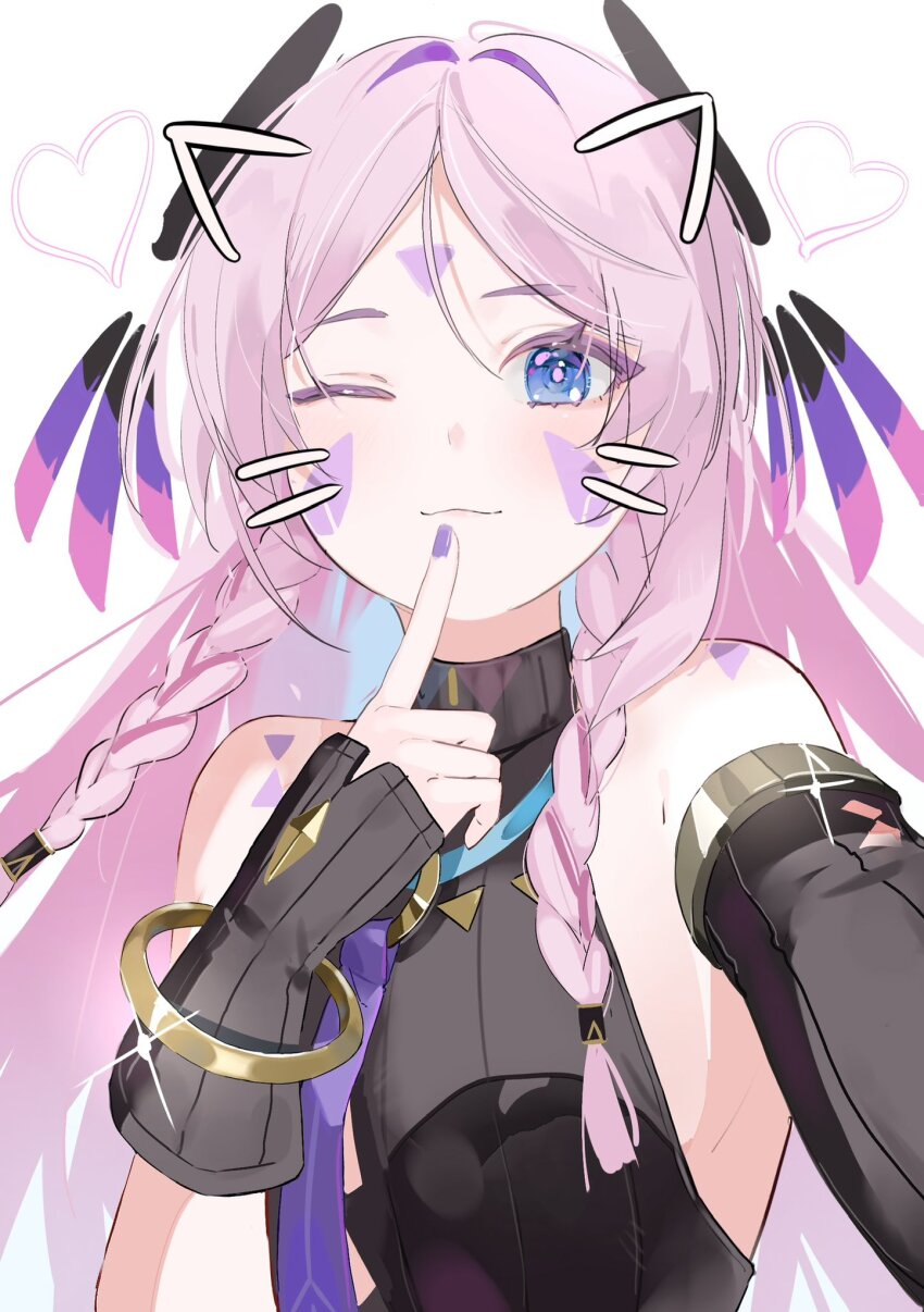 1girl, asymmetrical_gloves, bare_shoulders, black_gloves, black_leotard, blue_eyes, bracelet, braid, breasts, citlali_(genshin_impact), closed_mouth, clothing_cutout, detached_sleeves, ebitendon, facial_mark, finger_to_mouth, fingerless_gloves, forehead_mark, genshin_impact, gloves, hair_between_eyes, hair_ornament, hand_up, heart, heart_background, highres, jewelry, leotard, long_hair, looking_at_viewer, medium_breasts, mismatched_gloves, nail_polish, one_eye_closed, parted_bangs, pink_hair, sideboob, simple_background, sleeveless, solo, triangle, triangle_facial_mark, twin_braids, upper_body, white_background