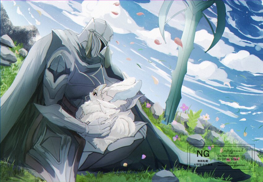 1boy, armor, cloud, commission, creature, day, duel_monster, dutch_angle, flower, full_armor, grass, highres, holding, holding_creature, illegal_knight, knight, leaf, looking_at_creature, outdoors, petals, purrely, rock, sitting, solo, sword, uragawai, vgen_commission, weapon, yu-gi-oh!