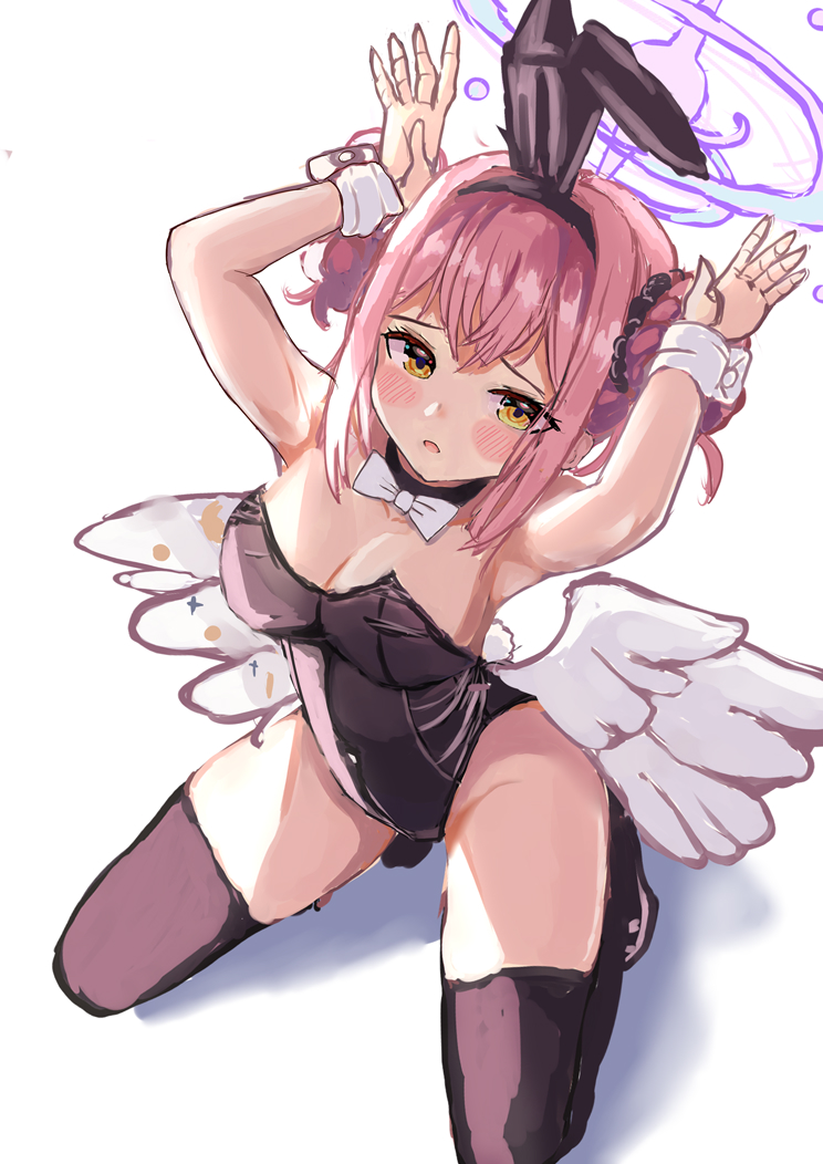1girl, alternate_costume, animal_ear_hairband, animal_ears, black_leotard, blue_archive, blush, breasts, cleavage, collar, double_bun, fake_animal_ears, from_above, hair_bun, hairband, halo, kneeling, large_breasts, leotard, low_wings, mika_(blue_archive), naeki_iroha, pink_hair, playboy_bunny, rabbit_ear_hairband, rabbit_ears, rabbit_pose, shy, solo, white_background, wings