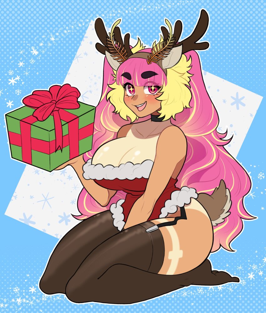 +_+, 1girl, :d, animal_ears, antlers, black_choker, blonde_hair, blush