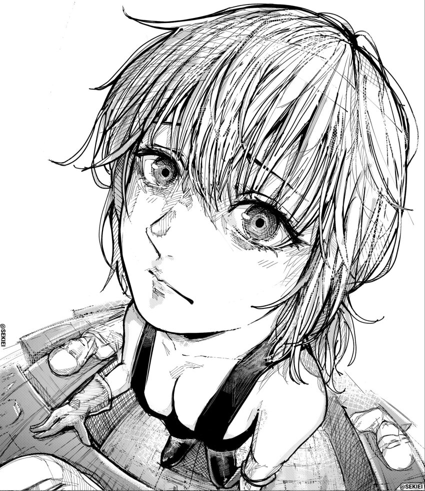 1girl, 3others, :|, artist_name, black_tank_top, breasts, choujin_x, cleavage