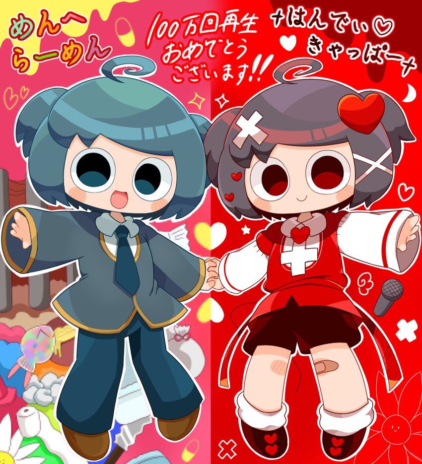 2boys, :d, ahoge, arm_up, bandaid, bandaid_on_knee, bandaid_on_leg, black_eyes