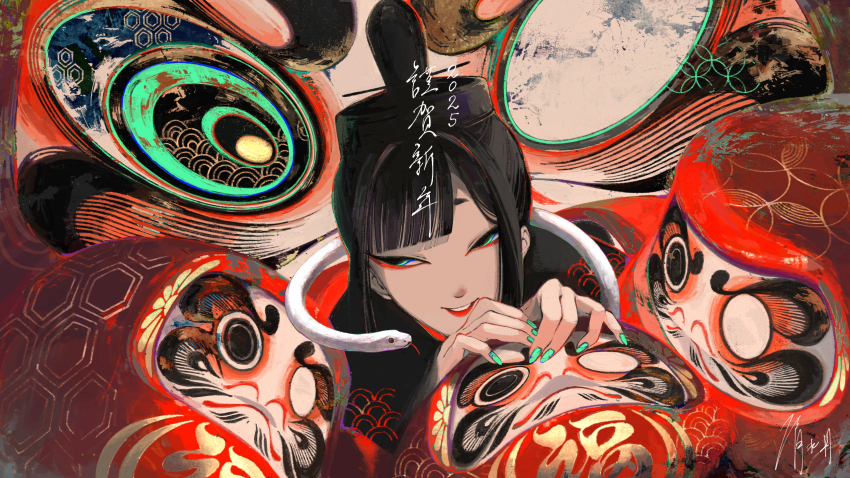 1girl, black_eyes, black_hair, commentary, daruma_doll, eyeliner, green_nails, highres