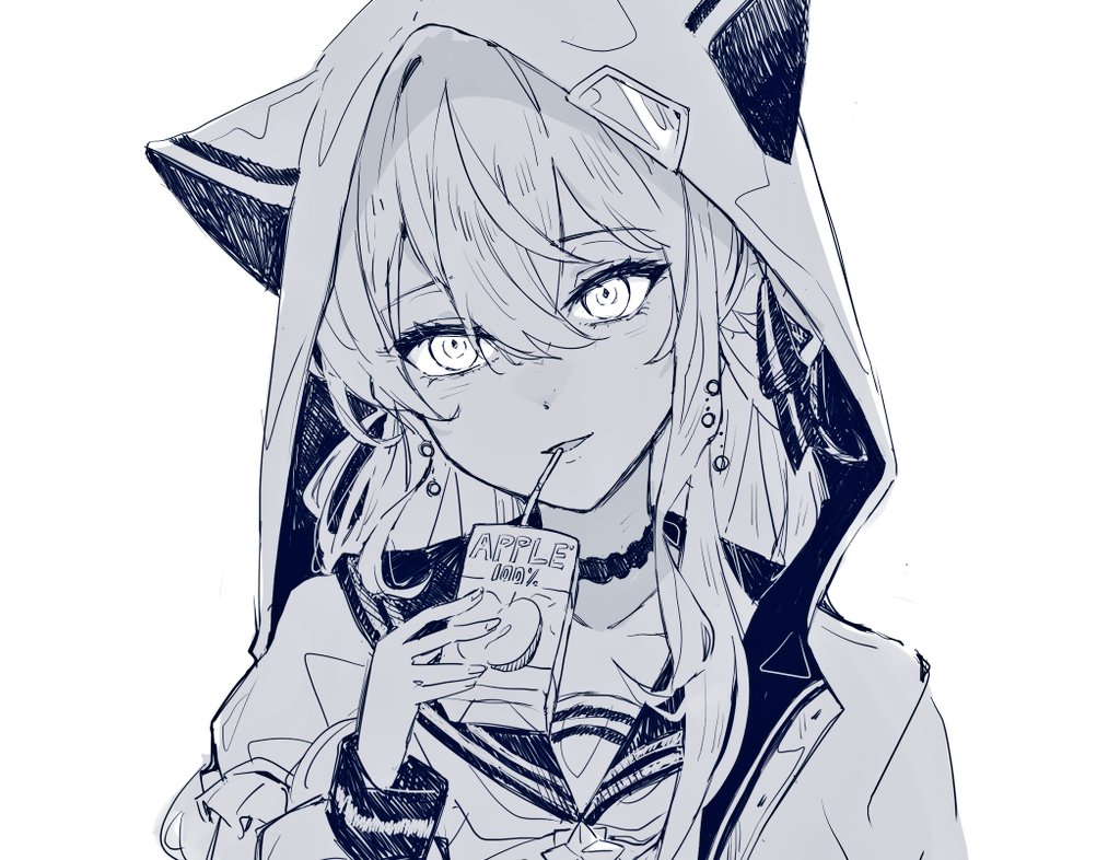 1girl, animal_hood, apple_juice, blue_hair, book, cat_hood, choker, collarbone