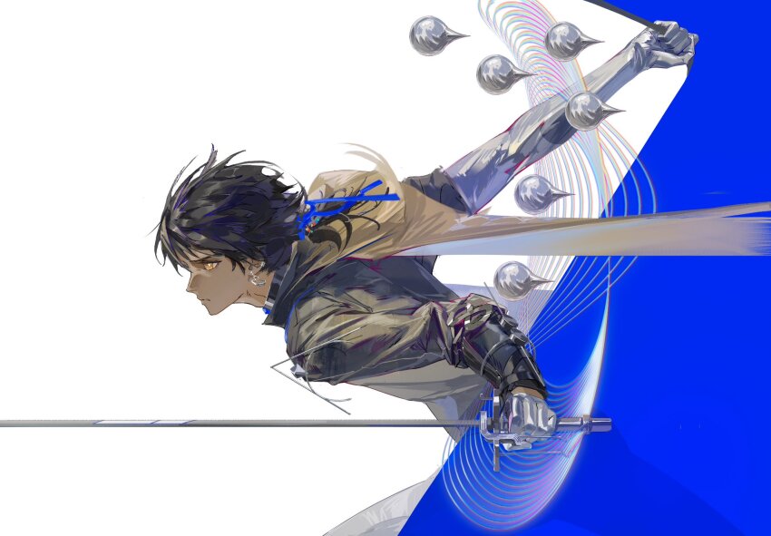 1boy, arknights, black_hair, bright_pupils, brown_eyes, dark-skinned_male, dark_skin, earrings