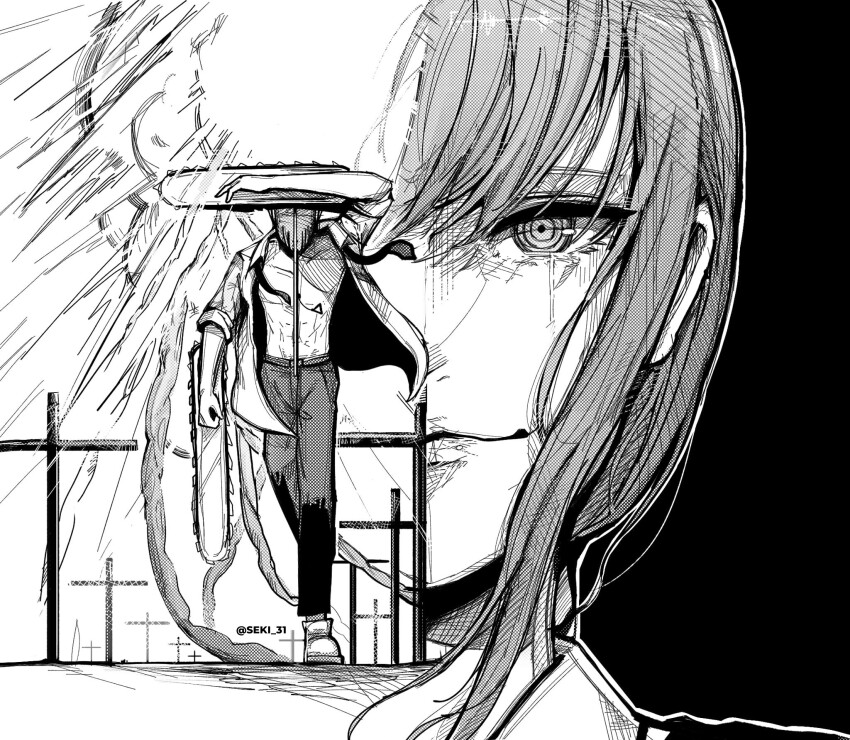 1boy, 1girl, arm_over_head, artist_name, black_background, black_necktie, black_pants, chainsaw