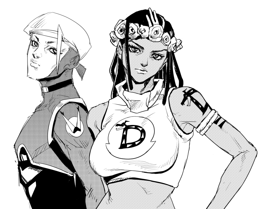 2boys, adapted_costume, armlet, bodysuit, newsboy_cap, corset, crop_top, dark-skinned_male