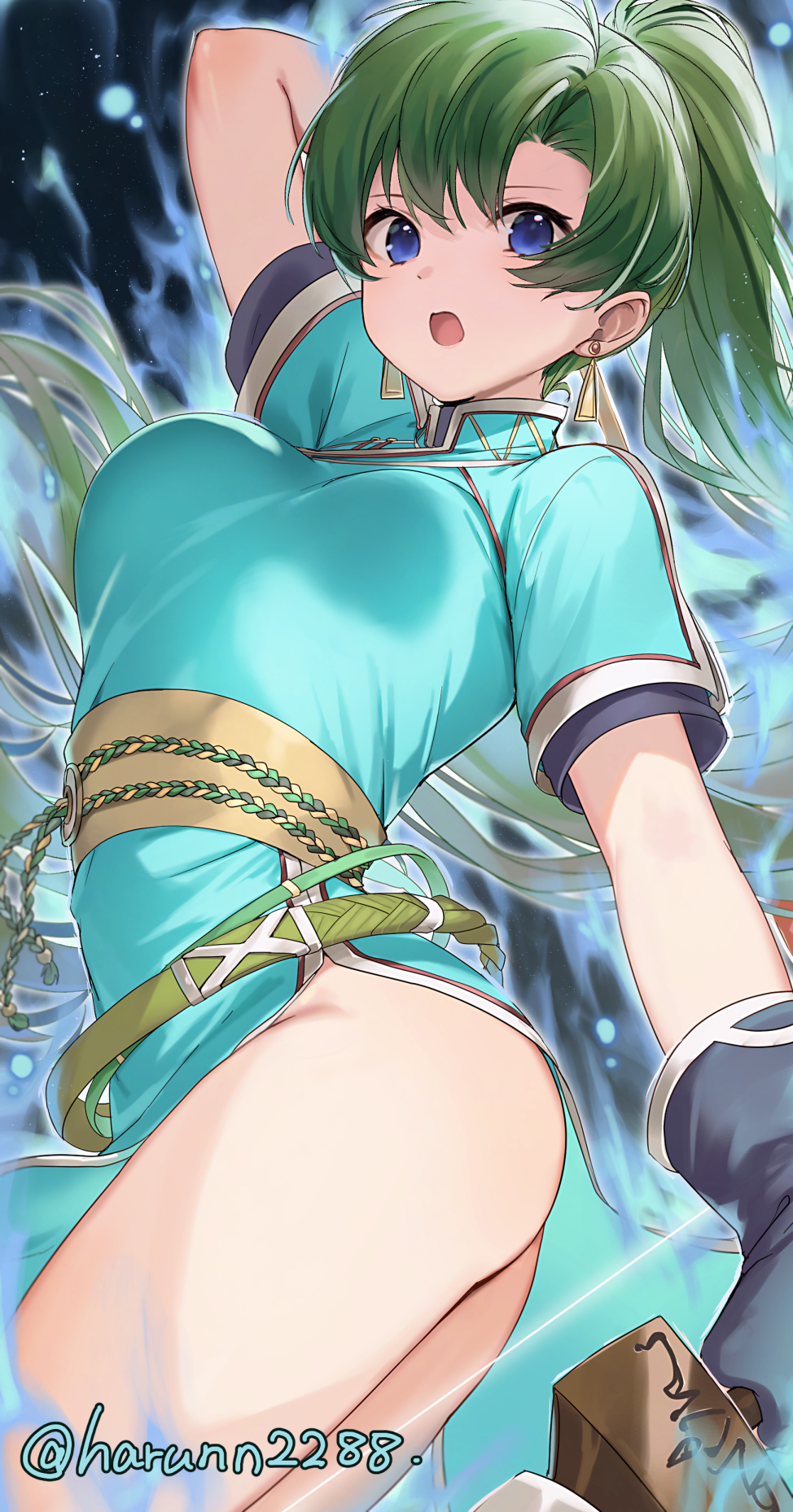 1girl, ass, aura, belt, blue_aura, blue_eyes, breasts, dress