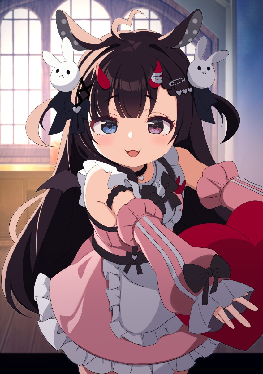 1girl, 2024, :3, absurdres, arm_warmers, artist_request, awa_ben_0521, black_hair, child, choker, fang, heart, heart-shaped_pupils, highres, horns, indie_virtual_youtuber, kamiru_runa, open_mouth, paperclip, puffy_sleeves, solo, symbol-shaped_pupils