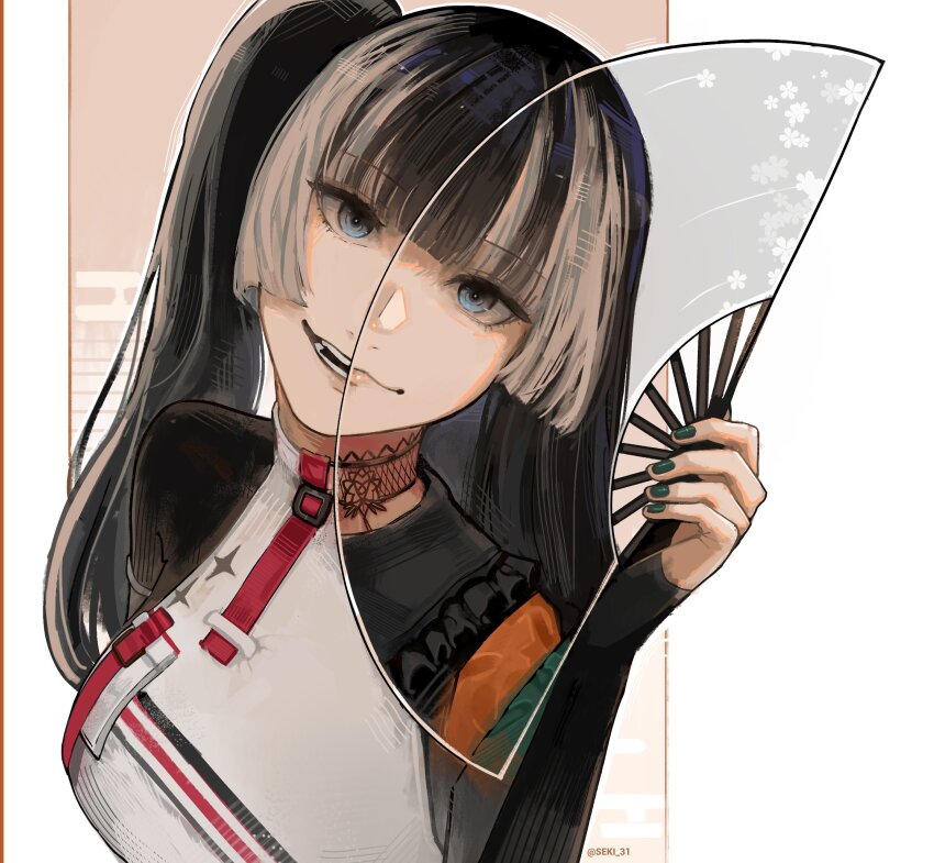 1girl, absurdres, artist_name, asymmetrical_hair, black_hair, blue_eyes, blunt_bangs, choker