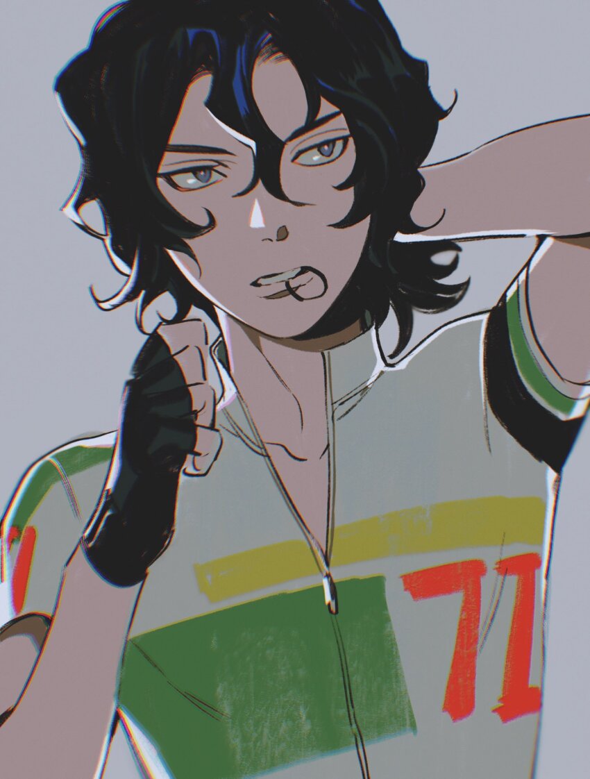 1boy, black_gloves, black_hair, blue_eyes, chromatic_aberration, curtained_hair, cycling_uniform, fingerless_gloves