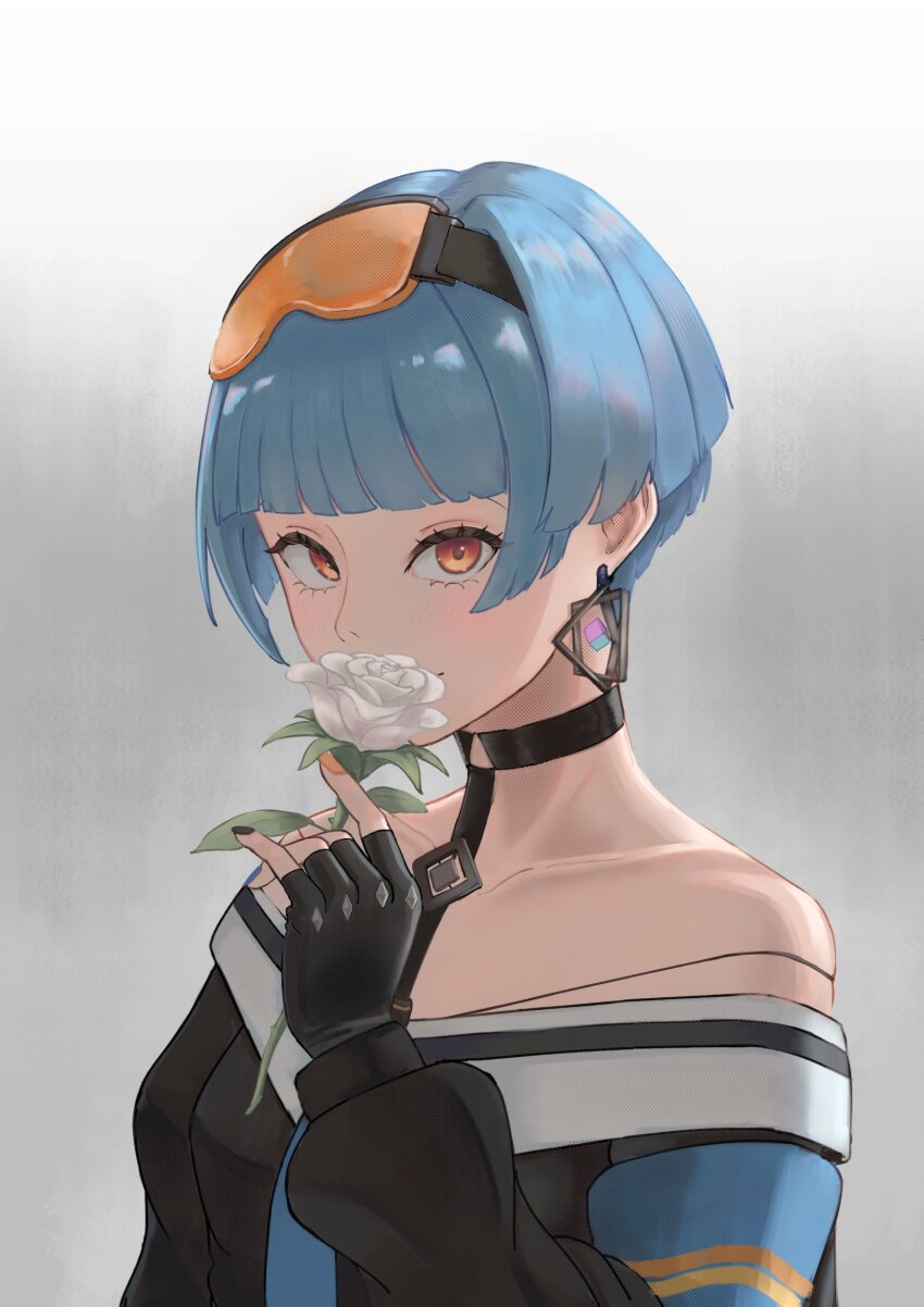 1girl, bare_shoulders, black_choker, black_dress, black_gloves, blue_hair, bob_cut, choker