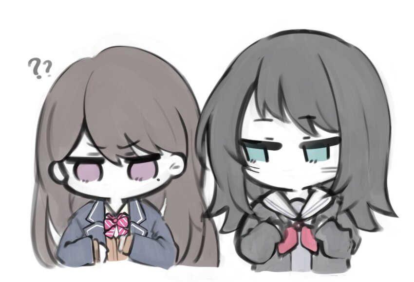 2girls, ?, ??, asahina_mafuyu, asahina_mafuyu_(cosplay), bang_dream!, bang_dream!_it's_mygo!!!!!, black_cardigan