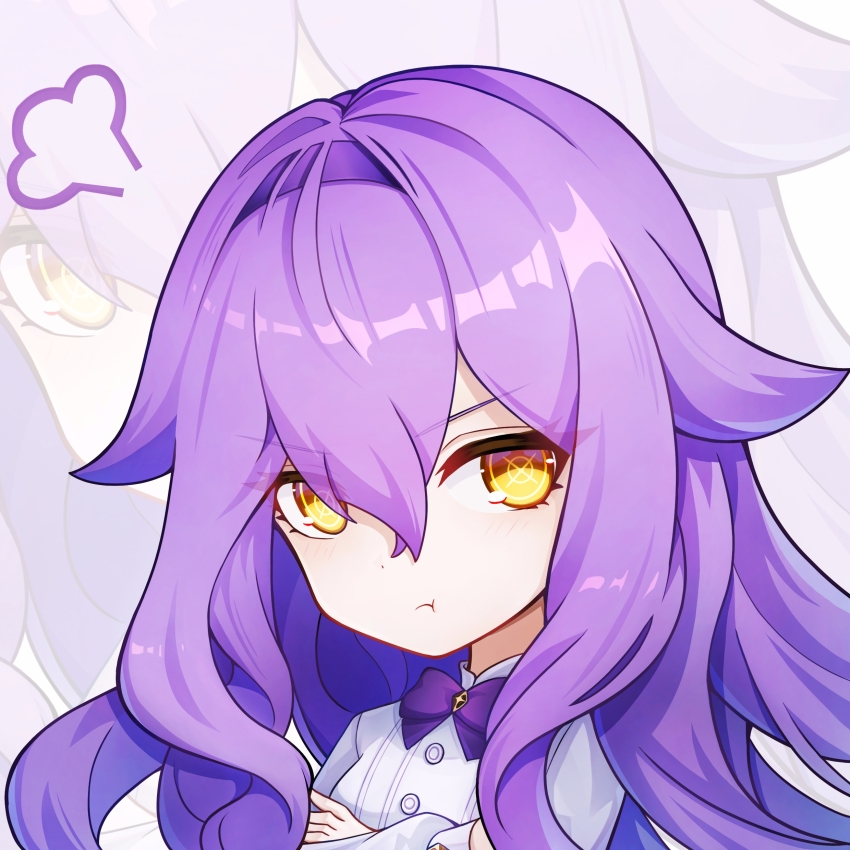 1girl, absurdres, ang55523671, bow, bowtie, chinese_commentary, commentary, crossed_arms, highres, honkai_(series), honkai_impact_3rd, long_hair, looking_to_the_side, portrait, puff_of_air, puffy_cheeks, purple_bow, purple_bowtie, purple_hair, shirt, sirin, sirin_(magic_academy_uniform), solo, symbol-shaped_pupils, white_shirt, x-shaped_pupils, yellow_eyes, zoom_layer