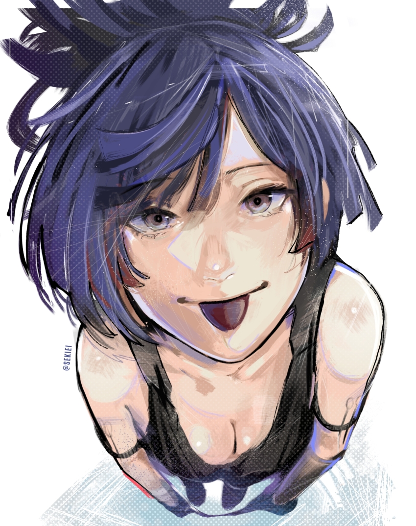 1girl, :p, arm_strap, artist_name, black_tank_top, blue_hair, blunt_ends, breasts, cleavage, collarbone, commentary, foreshortening, from_above, full_body, grey_eyes, highres, jigokuraku, looking_at_viewer, medium_breasts, parted_bangs, seki_31_(artist), short_hair, solo, standing, tank_top, tongue, tongue_out, white_background, yuzuriha_(jigokuraku)