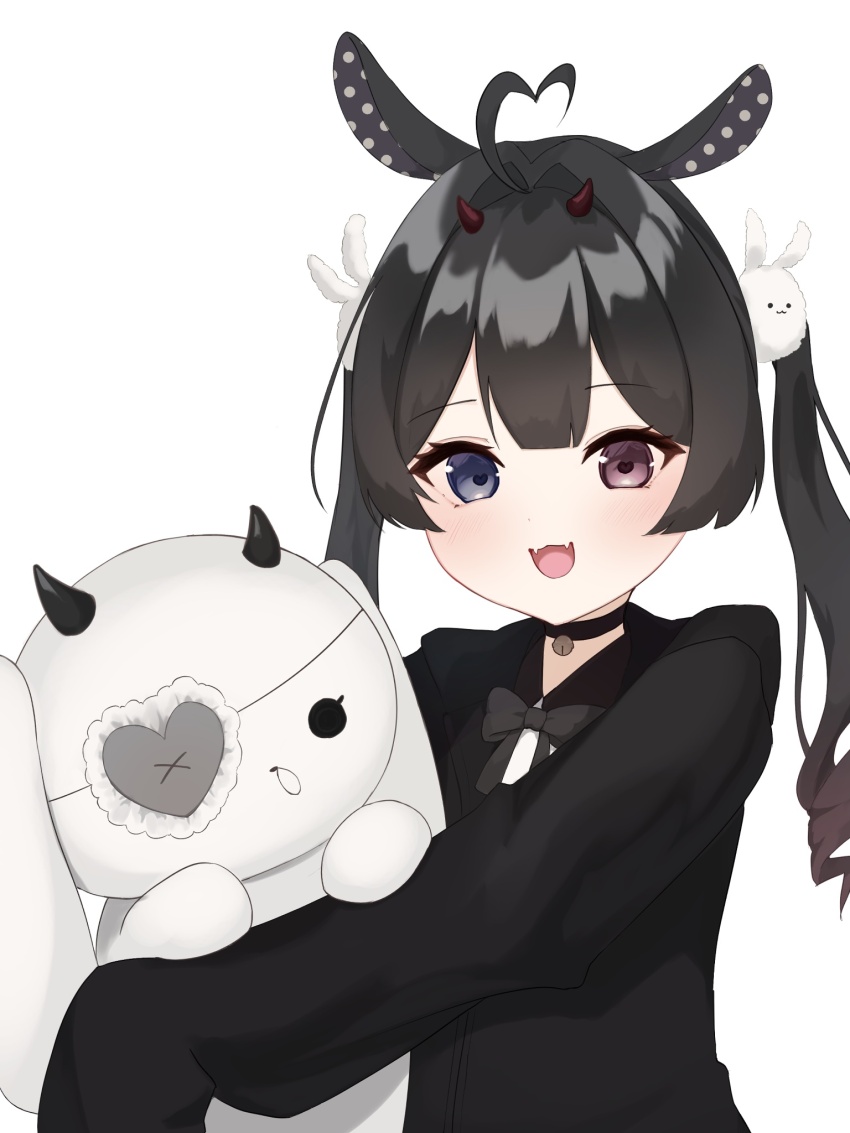 1girl, 1other, 2024, ahoge, black_hair, child, fangs, heart, heart_ahoge, heterochromia, highres, holding, holding_toy, horns, indie_virtual_youtuber, just_bunny, kamiru_runa, long_hair, neck_bell, oguogutst, open_mouth, rabbit_ears, solo, toy, toy_bunny, twintails, virtual_youtuber, white_background