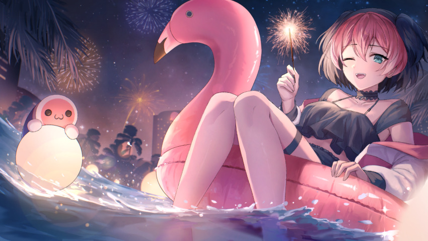 1girl, :3, ;d, aerial_fireworks, bikini, black_bikini, blue_eyes, breasts