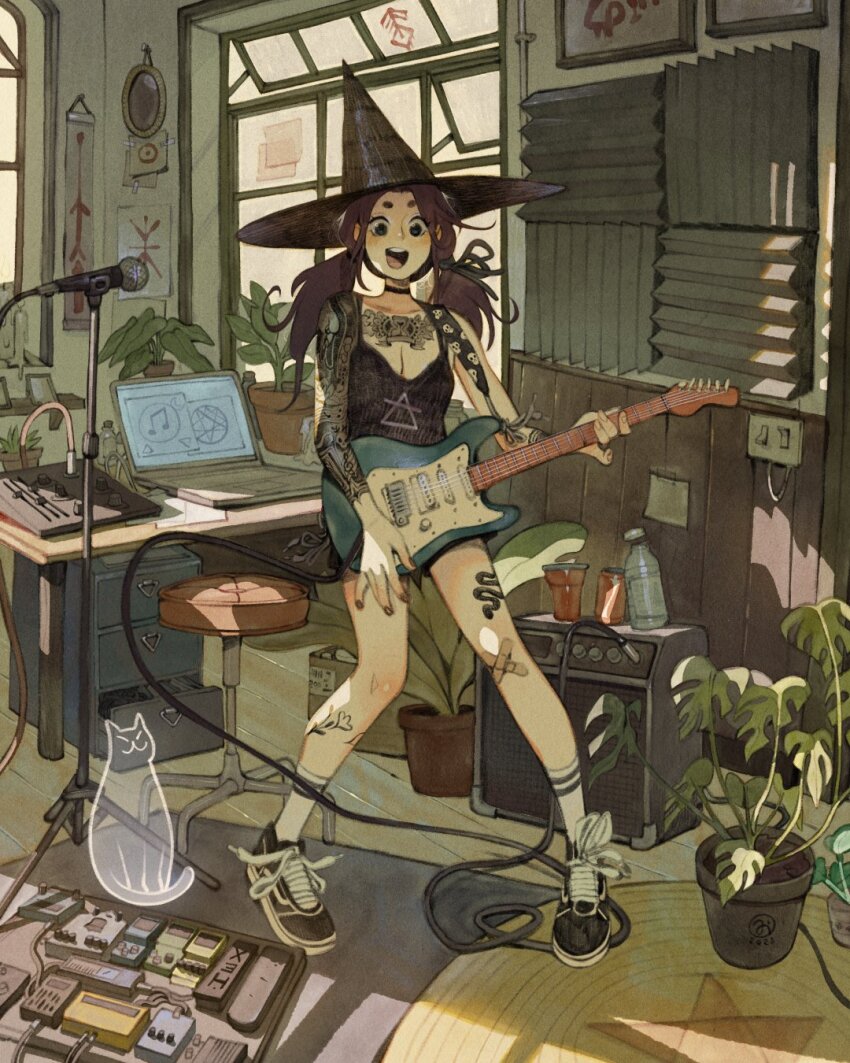 1girl, amplifier, arm_tattoo, artist_logo, bandaid, bandaid_on_leg, black_choker, black_eyes