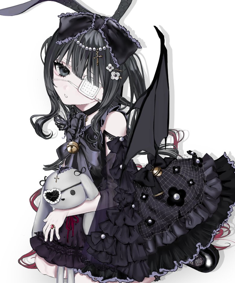 1girl, 1other, 2022, ahoge, bat_wings, bell_bow, black_hair, character_request