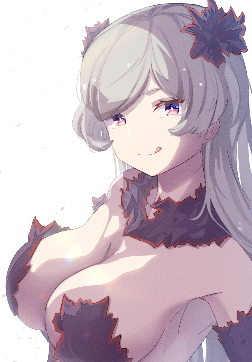 1girl, absurdres, black_gloves, breasts, center_opening, cleavage, dress, dungeon_ni_deai_wo_motomeru_no_wa_machigatteiru_darou_ka, elbow_gloves, freya_(danmachi), gloves, grey_hair, hair_ornament, highres, large_breasts, long_hair, looking_at_viewer, neo_(tyottama), purple_eyes, revealing_clothes, smile, solo