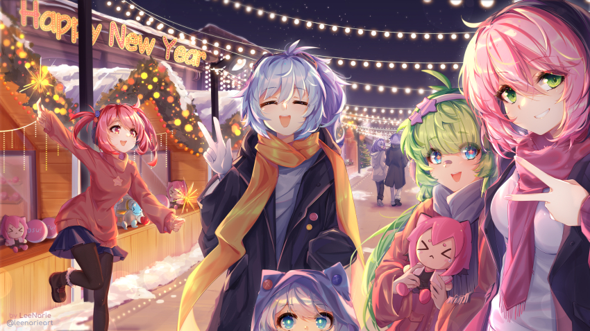 >_<, 2boys, 5girls, :<, ^_^, aiko_(osu!), antenna_hair, black_coat, black_hair, black_pants, black_pantyhose, blue_eyes, blue_hair, blue_skirt, blunt_bangs, blush, breasts, brother_and_sister, brown_coat, character_doll, chirou_(osu!), closed_eyes, closed_mouth, coat, colored_bangs, commentary, doll, english_commentary, facing_viewer, frown, gloves, green_eyes, green_hair, grey_coat, grey_pants, grey_scarf, grin, hair_between_eyes, hair_intakes, hand_in_pocket, happy_new_year, highres, holding, holding_doll, hood, hood_up, leenarieart, leg_up, light_blue_hair, long_hair, long_sleeves, mani_(osu!), mari_(osu!), medium_breasts, medium_hair, miniskirt, mocha_(osu!), multicolored_hair, multiple_boys, multiple_girls, new_year, night, open_clothes, open_coat, orange_scarf, orange_sweater, osu!, outdoors, pants, pantyhose, pink_hair, pink_scarf, pippi_(osu!), pleated_skirt, ponytail, purple_hair, red_eyes, red_pupils, scarf, short_hair, siblings, skirt, smile, snow, standing, standing_on_one_leg, star-shaped_pupils, star_(symbol), sweater, symbol-shaped_pupils, taikonator_(osu!), teeth, twins, twintails, two-tone_hair, upper_teeth_only, w, white_gloves, white_sweater, yuzu_(osu!)
