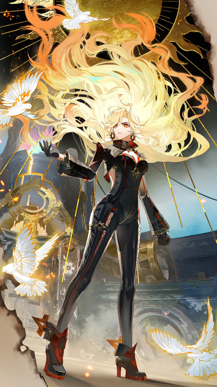 1girl, absurdres, biker_clothes, bikesuit, bird, black_bodysuit, black_gloves, blonde_hair