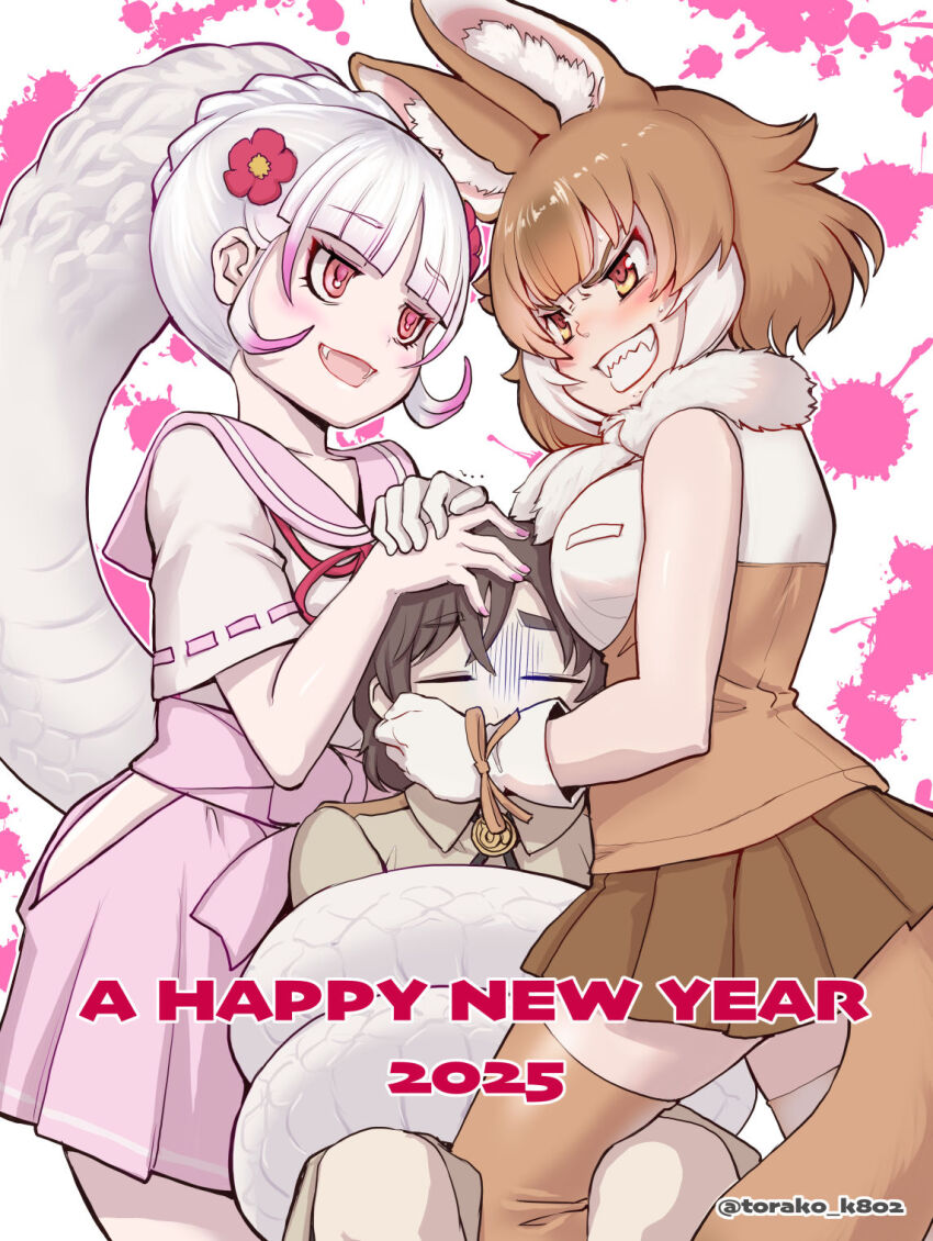 1boy, 2025, 2girls, animal_ears, arm_ribbon, bare_shoulders, black_hair, blunt_bangs, blush, bow, breast_smother, breasts, brown_hair, byakuda_(kemono_friends), captain_(kemono_friends), catfight, chinese_zodiac, clothing_cutout, collar, dhole_(kemono_friends), dog_ears, dog_girl, dog_tail, extra_ears, face_to_breasts, fangs, flower, gloves, hair_ornament, highres, imminent_fight, jacket, japanese_clothes, jealous, kemono_friends, kemono_friends_3, kimono, kosai_takayuki, large_breasts, leg_ribbon, long_hair, looking_at_another, multicolored_hair, multiple_girls, open_mouth, pink_background, pink_collar, pink_hair, pink_skirt, pleated_skirt, red_eyes, ribbon, safari_jacket, sailor_collar, school_uniform, serafuku, sharp_teeth, shirt, short_hair, short_sleeves, sidelocks, skirt, sleeveless, smile, snake_girl, snake_print, snake_tail, tail, teeth, thigh_cutout, torn_clothes, torn_kimono, two-tone_background, two-tone_hair, white_background, white_hair, white_shirt, year_of_the_snake