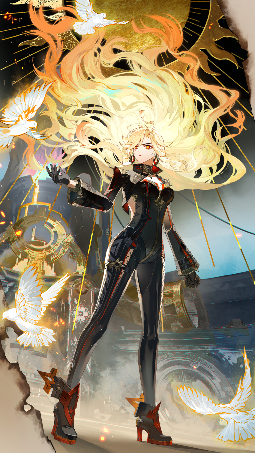 1girl, absurdres, biker_clothes, bikesuit, bird, black_bodysuit, black_footwear, black_gloves