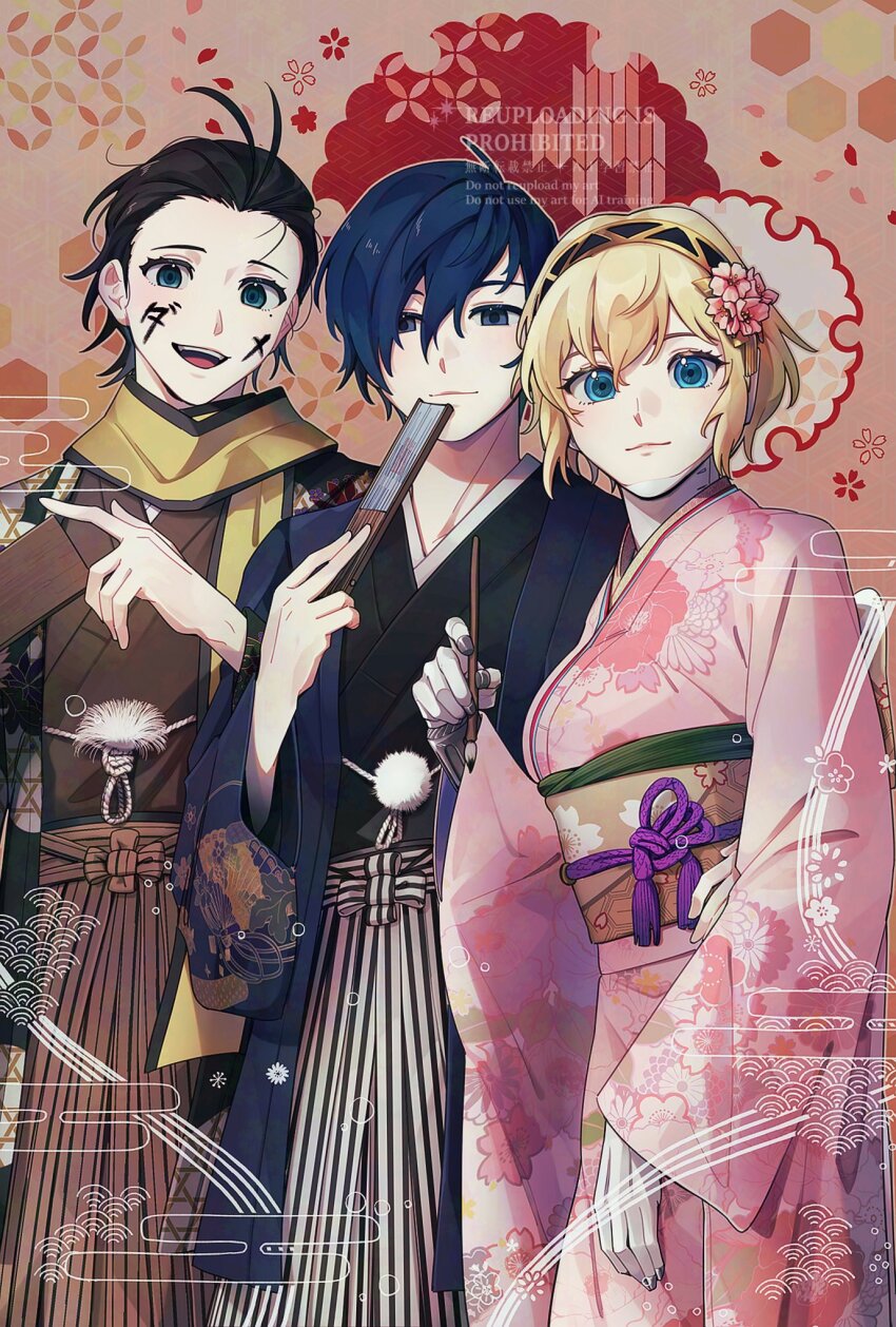 1girl, 2boys, :3, :d, aigis_(persona), alternate_costume, arm_around_another's_waist, black_hair