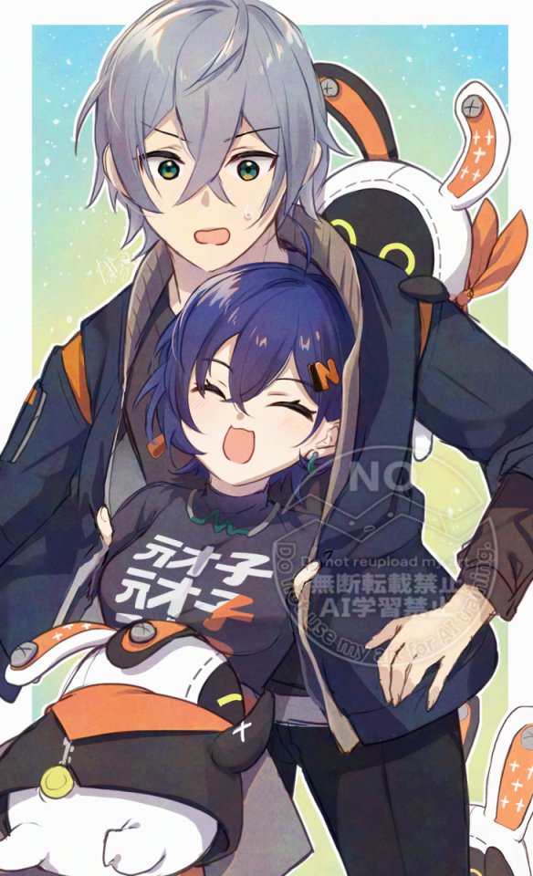 1boy, 1girl, 3others, abstract_background, bangboo_(zenless_zone_zero), bangboo_18_(zenless_zone_zero), bangboo_6_(zenless_zone_zero), belle_(zenless_zone_zero)