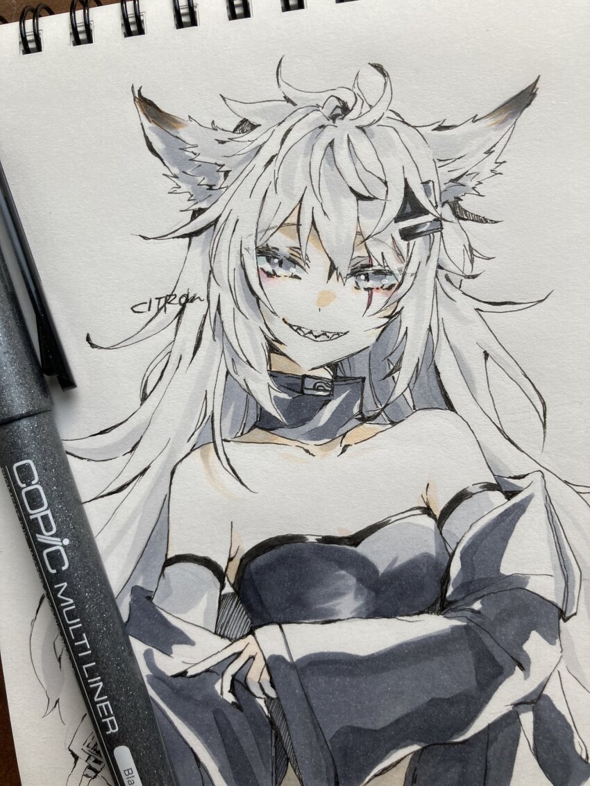 1girl, animal_ears, arknights, black_nails, black_shirt, breasts, citron80citron, collarbone