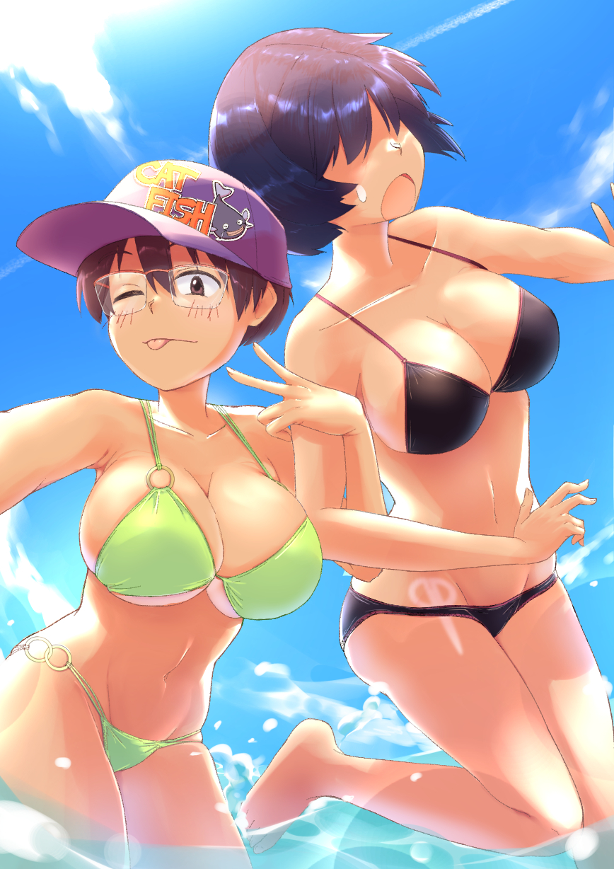 2girls, ;p, arm_hug, baseball_cap, bikini, black_bikini, black_hair, blue_sky, breasts, brown_eyes, brown_hair, cleavage, collarbone, commentary_request, glasses, green_bikini, hajime_ujita, hat, highres, large_breasts, light_blush, multiple_girls, navel, nazo_no_kanojo_x, no_eyes, o-ring, o-ring_bikini, ocean, oka_ayuko, one_eye_closed, open_mouth, purple_hat, short_hair, sky, smile, swimsuit, tan, tanline, tongue, tongue_out, urabe_mikoto, wading