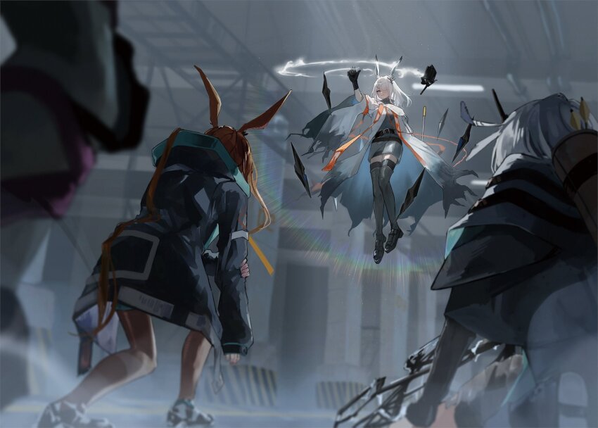 4girls, amiya_(arknights), animal_ears, arknights, arrow_(projectile), black_capelet, black_coat, black_gloves
