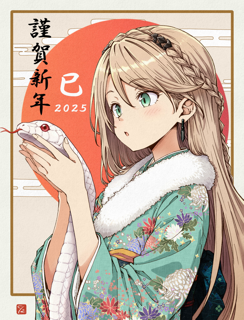 1girl, 2025, alternate_costume, blonde_hair, border, braid, commentary_request, crown_braid, egasumi, eiyuu_densetsu, elaine_auclair, forked_tongue, furisode, green_eyes, hair_between_eyes, happy_new_year, highres, japanese_clothes, kimono, kuny, kuro_no_kiseki_(series), kuro_no_kiseki_i, long_hair, new_year, open_mouth, outside_border, red_eyes, snake, solo, tongue, translation_request, white_border, white_snake