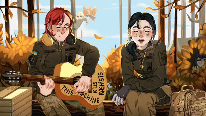 1boy, 1girl, 3rd_assault_brigade, acoustic_guitar, autumn, azov_battalion, backpack, bag, bird, black_hair, blush, box, bush, climbing, climbing_tree, closed_eyes, combat_uniform, commentary, duet, earrings, english_commentary, eva_(kavunyak), gloves, gold_earrings, guitar, hanna_kovalchuk, headphones, headphones_around_neck, hiding, highres, holding, holding_guitar, holding_instrument, in_tree, instrument, international_legion_of_ukraine, jewelry, kenneth_del_duca, linyvets_chan, marichka, military_combat_uniform, military_uniform, music, nature, necklace, open_mouth, original, owl, playing_guitar, playing_instrument, prosthesis, prosthetic_arm, red_hair, russo-ukrainian_war, singing, sitting, sitting_in_tree, soldier, tree, ukraine, ukrainian_flag, ukrainian_text