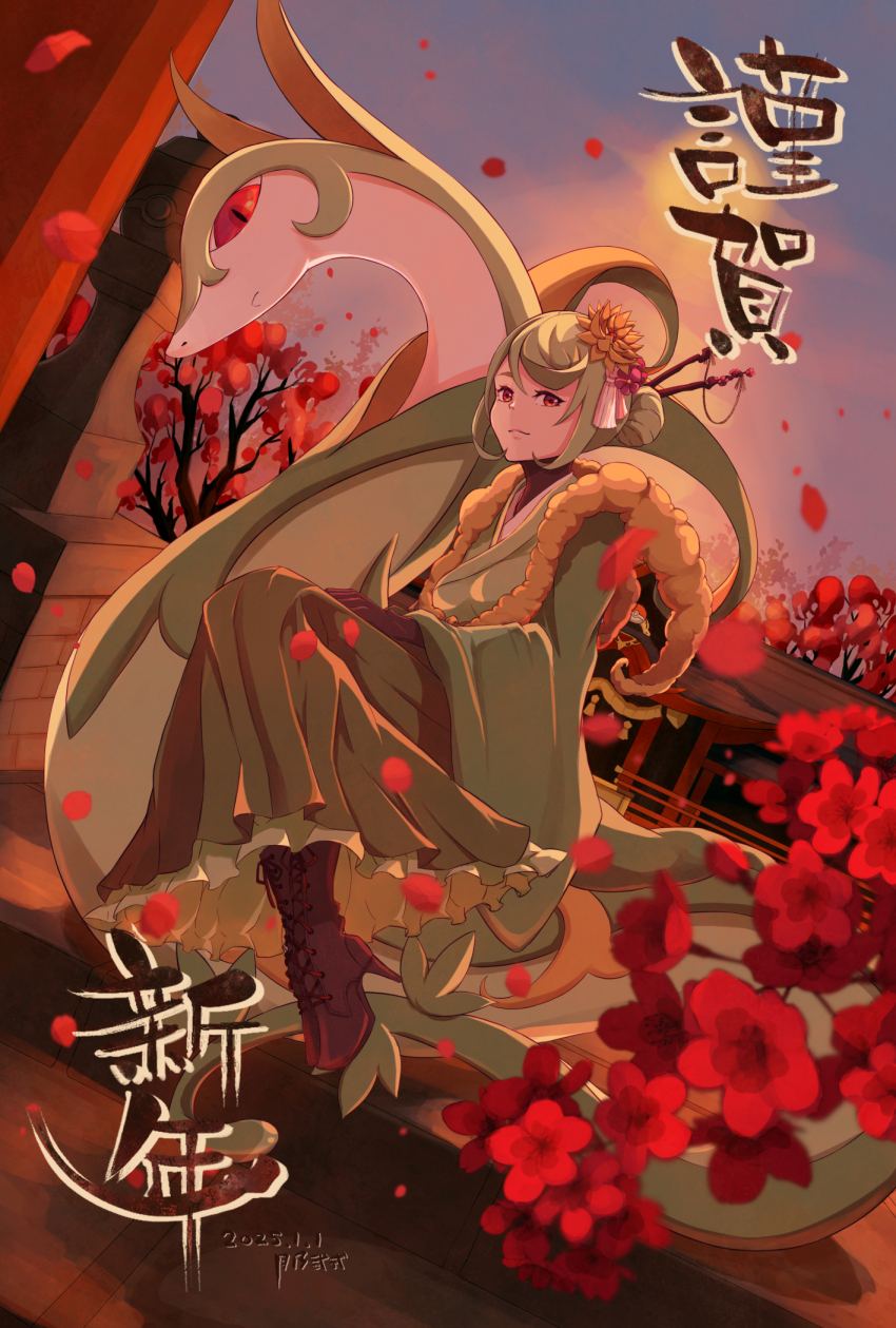 1girl, boots, closed_mouth, commentary, creature_and_personification, cross-laced_footwear, dress, english_commentary, eyelashes, falling_petals, flower, gen_5_pokemon, green_dress, green_hair, hair_bun, hair_flower, hair_ornament, hair_stick, high_heel_boots, high_heels, highres, looking_at_viewer, lotus, nengajou, new_year, nintendo, personification, petals, pink_flower, pokemon, pokemon_(creature), red_eyes, red_flower, red_petals, serperior, slit_pupils, smile, snake, tassel, tassel_hair_ornament, translation_request, tree, tsukinonishiki